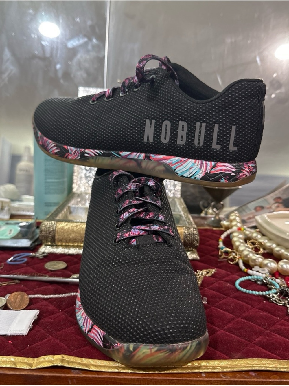 NOBULL Black Knit High-Top Sneakers with Pink & Teal Floral Trim